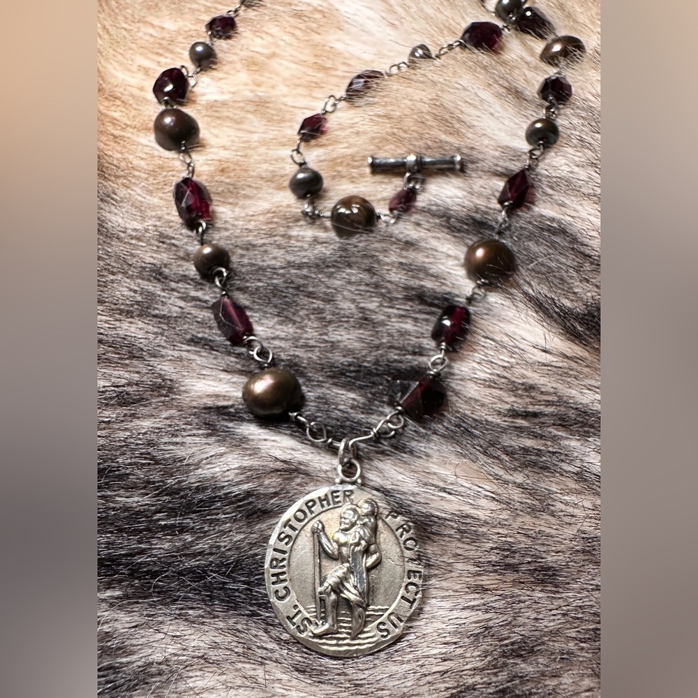 Pure Garnet & Black Pearl 925 Sterling Silver St.Christopher Pendant Necklace